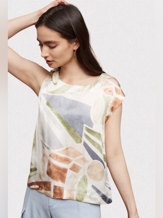 Anthropologie Tops - Anthro Maeve 100% Silk Geometric Tie Shoulder Blouse XS Boho